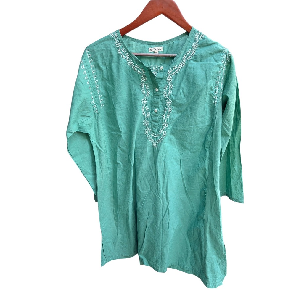 Natura Womens XL Teal Green Cotton Embroidered Boho Tunic Henley Long Top - Picture 2 of 6